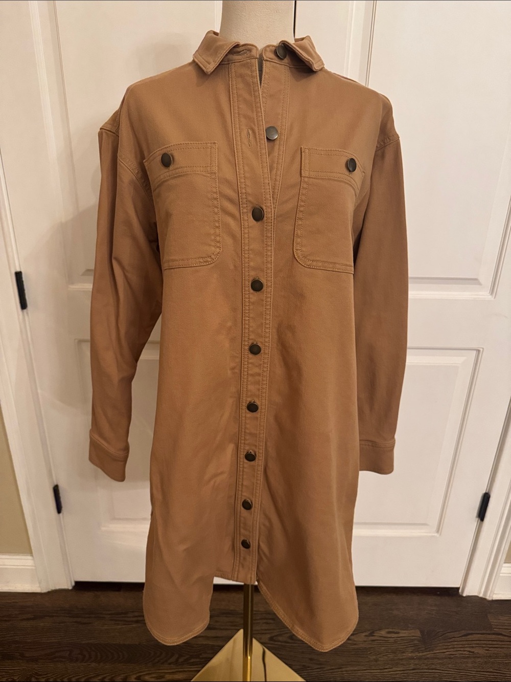LOFT Tan Button-Front Utility Shirt Jacket Dress
